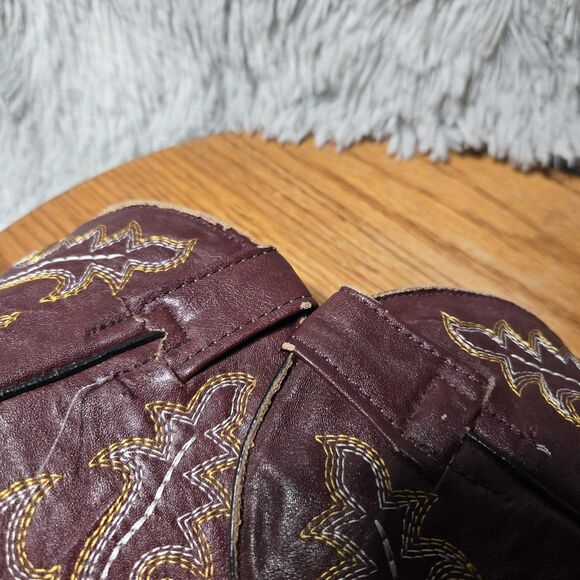Western Kids Size 19.5 Or US 1 Burgundy Leather  Embroidered Cowboy Pointed toe - Picture 6 of 10